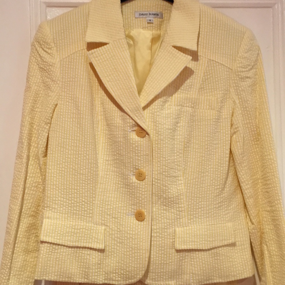 David Ramin yellow and white pinstripe suit and skirt set